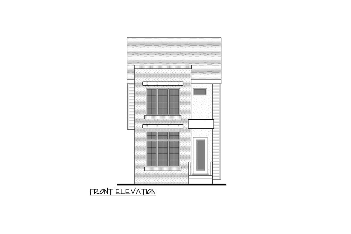 Front elevation drawing of a two-story house with brick and siding, featuring multiple windows and a covered entry.