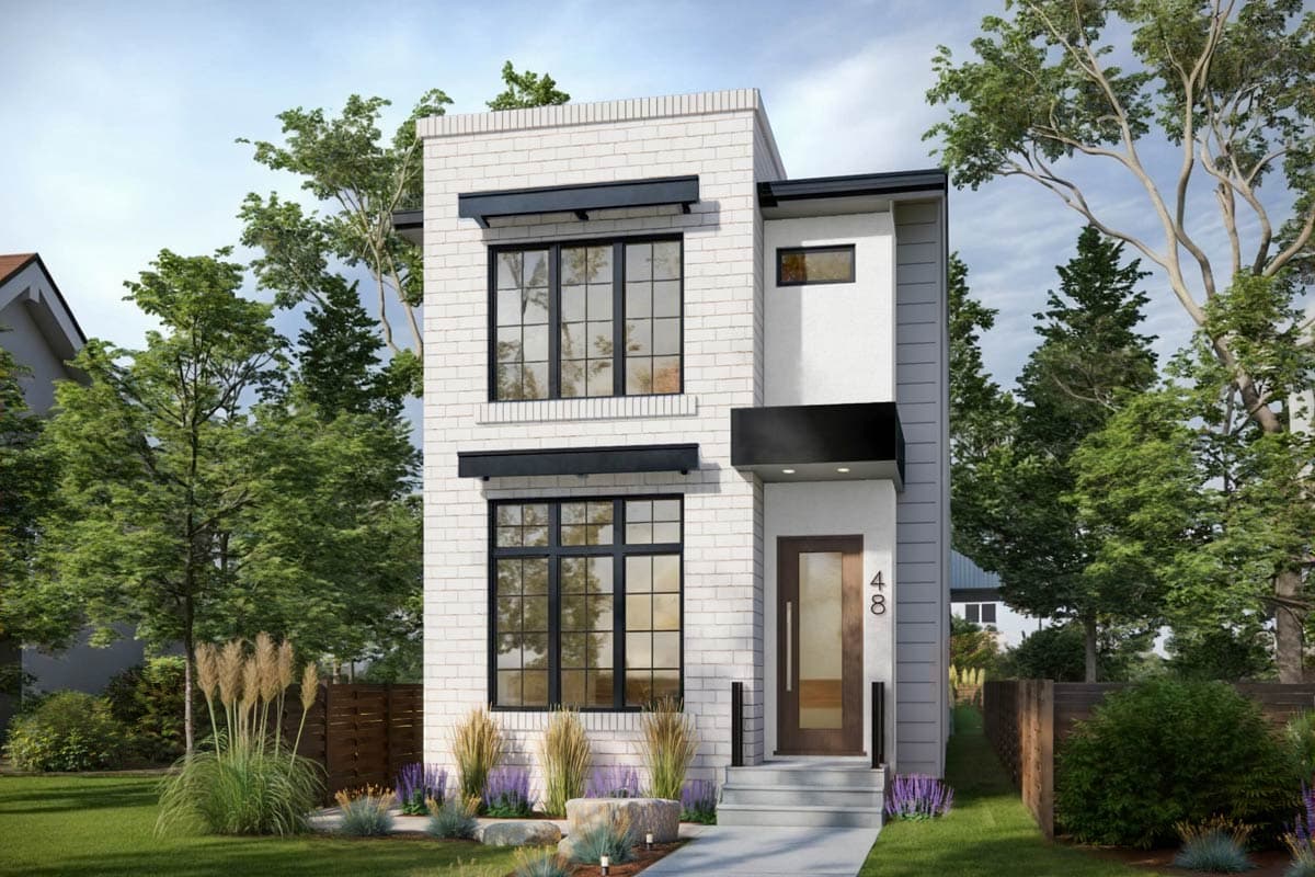 House plan exterior. Two-story modern style with brick facade, flat roof, and black awning. Features include large windows and covered entry.