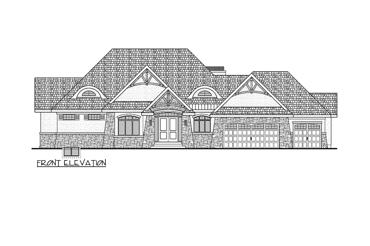 Front elevation drawing of a house plan with multiple gables, arched windows, and a three-car garage.