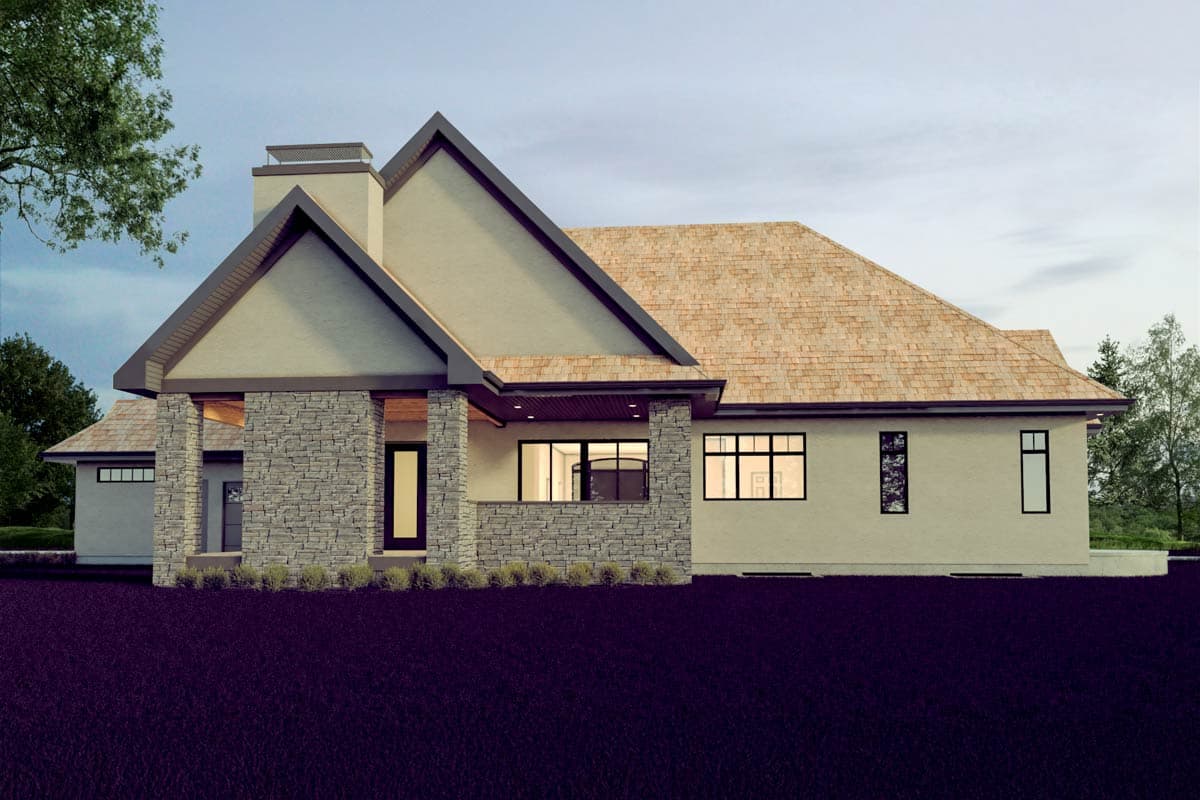 House plan exterior: Modern style, single story, with stone accents, prominent gables, and a shingle roof.