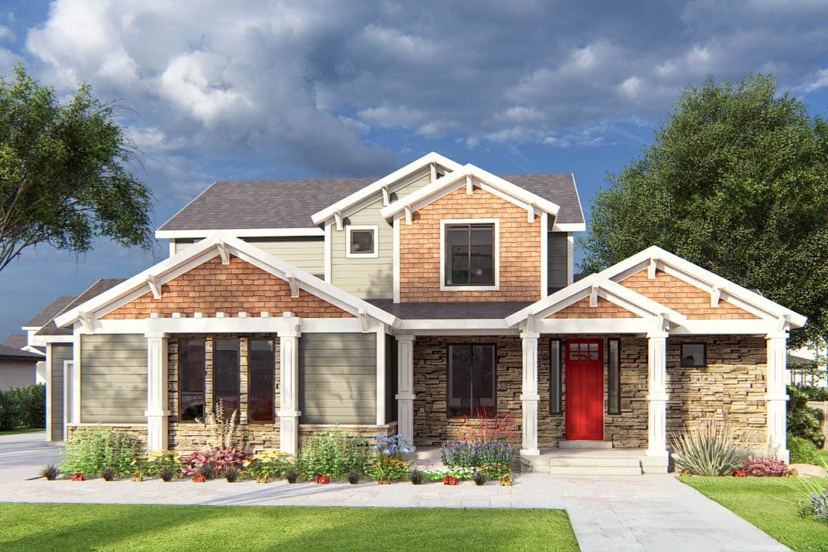 House plan exterior featuring Craftsman-style elements. Two-story home with gables, stone facade accents, and a front porch with decorative brackets.