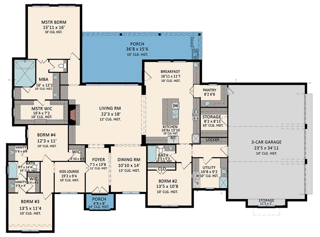 Plan 510254WDY: Single-Story Southern Transitional House Plan with Breakfast Nook - 2885 Sq Ft - Floor Plan - Main Level - Southern, Transitional