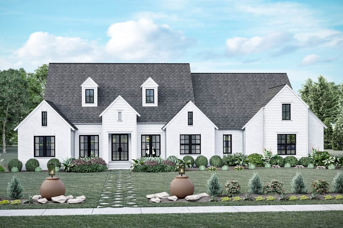 House plan exterior. Modern Farmhouse style, two stories. Features include multiple gables, dormers, and a prominent roofline.