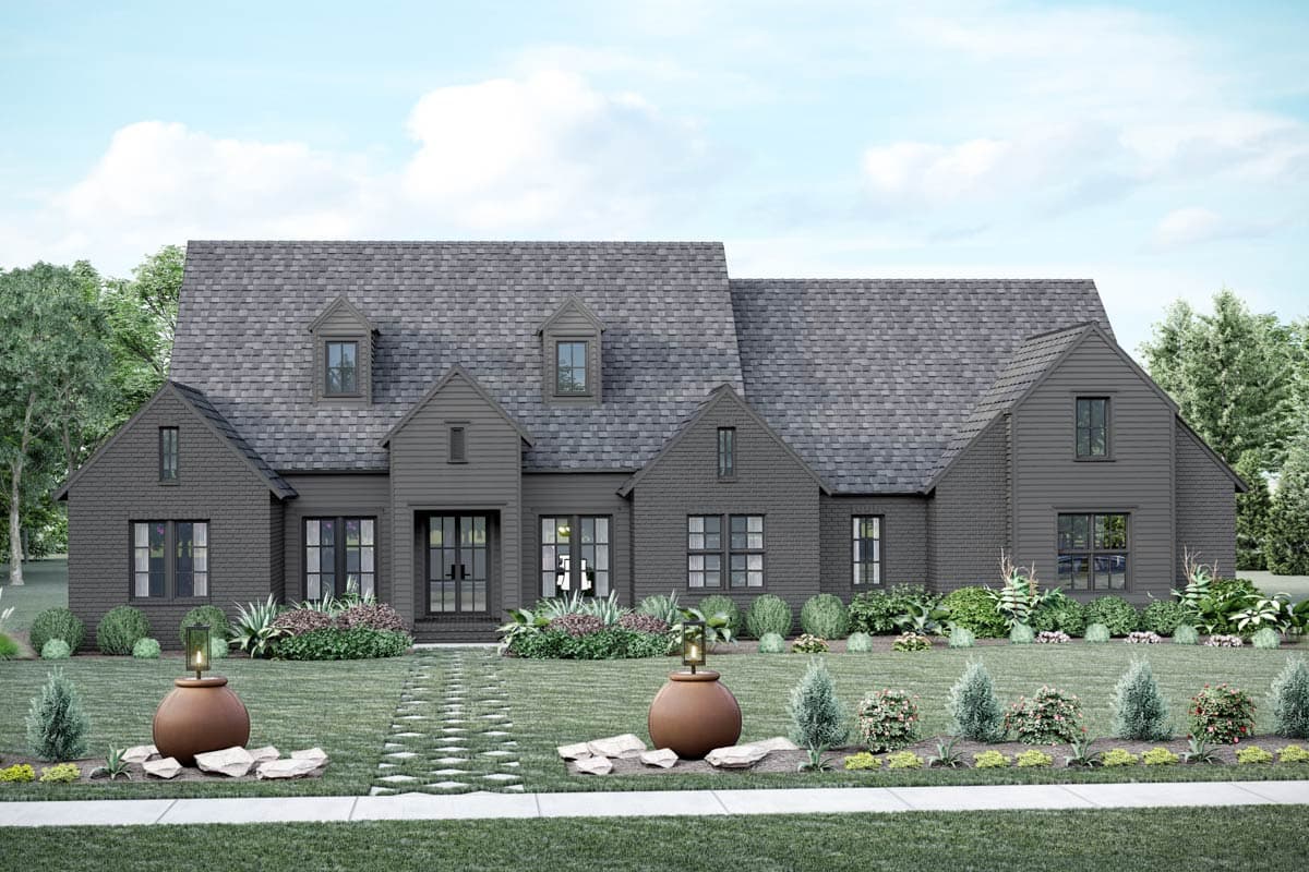 House plan exterior with dark gray siding, multiple gables, dormer windows, and double front doors.