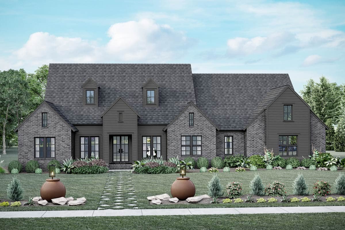 House plan exterior: Two-story modern farmhouse with brick and board-and-batten siding, multiple gables, and dormer windows.
