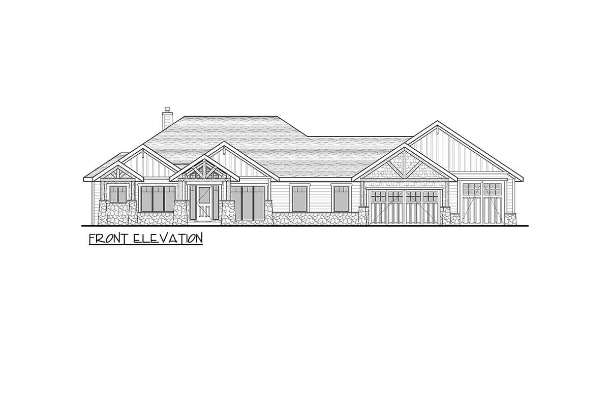 Front elevation of a single-story house plan with stone accents, gabled rooflines, prominent dormer, and a three-car garage.