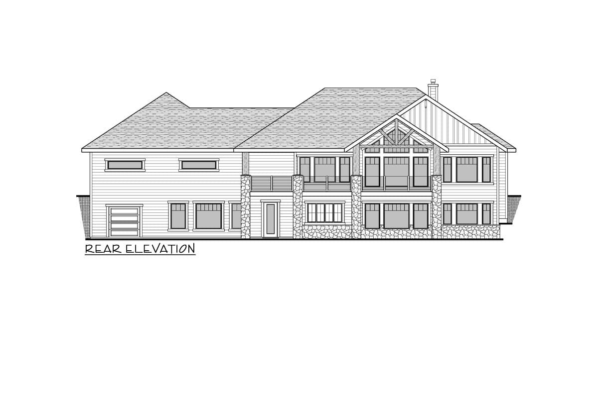 Rear elevation drawing of a multi-story house with a gabled roof, stone accents, large windows, and a garage.