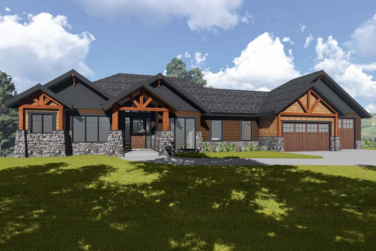 House plan exterior with Craftsman style, single story. Features include exposed timber accents, stone wainscot, and a gabled roofline.