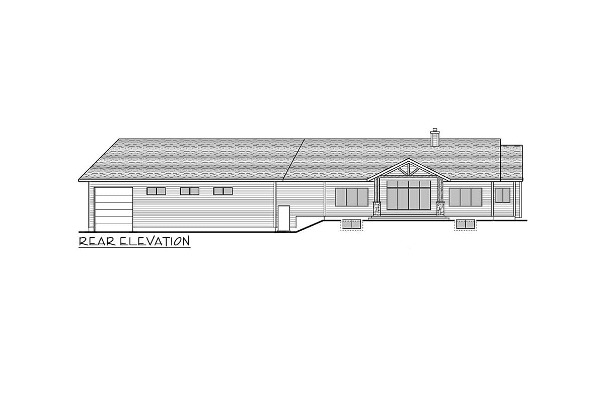 Rear elevation of a one-story house plan with an attached garage, gable dormer, and large window array.