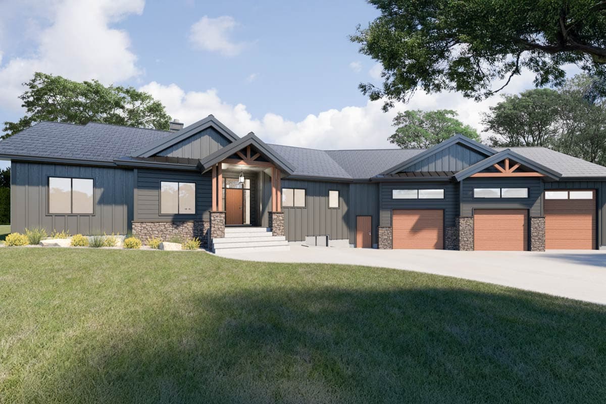 House plan exterior. Ranch style with a gabled entry, wood garage doors, and a covered porch. Features stone accents and dark siding.