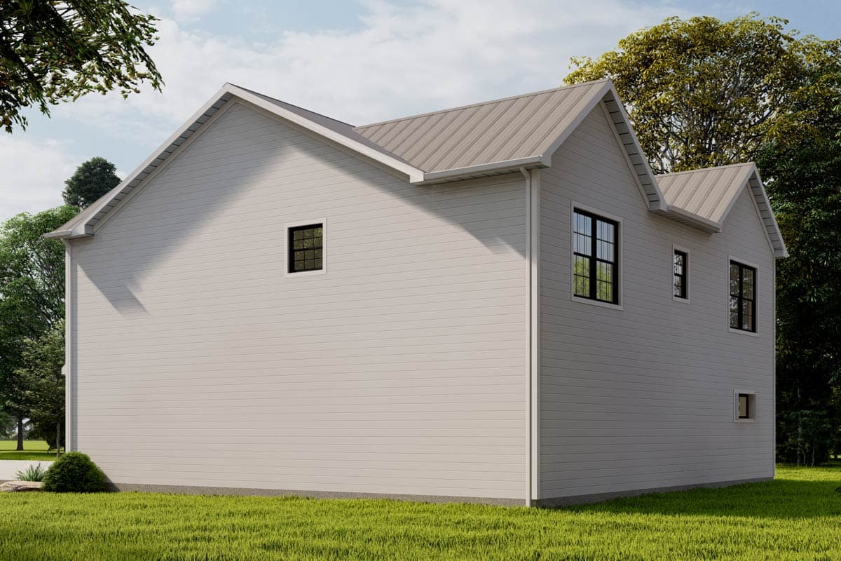 House plan exterior view of a two-story home with horizontal siding, a metal gable roof, and multiple windows.