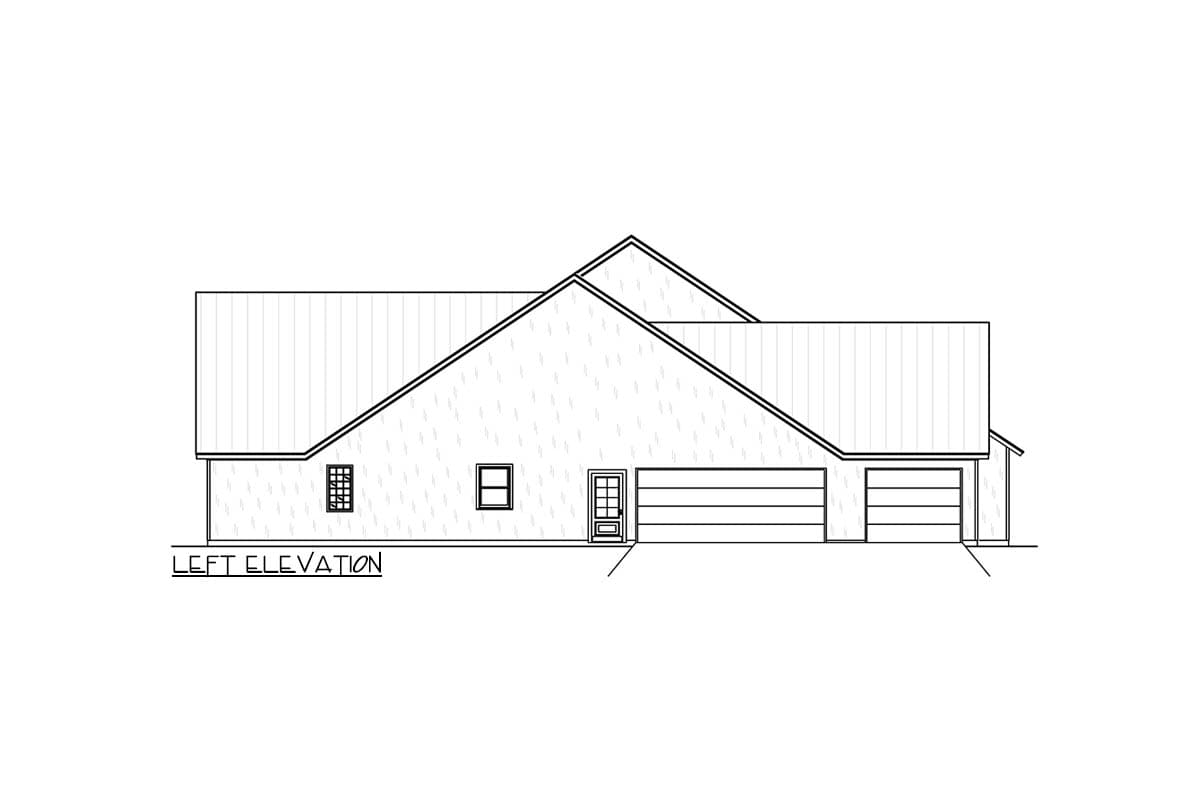 Left elevation house plan showing a two-car garage, a single-car garage, and a prominent intersecting gable roofline.