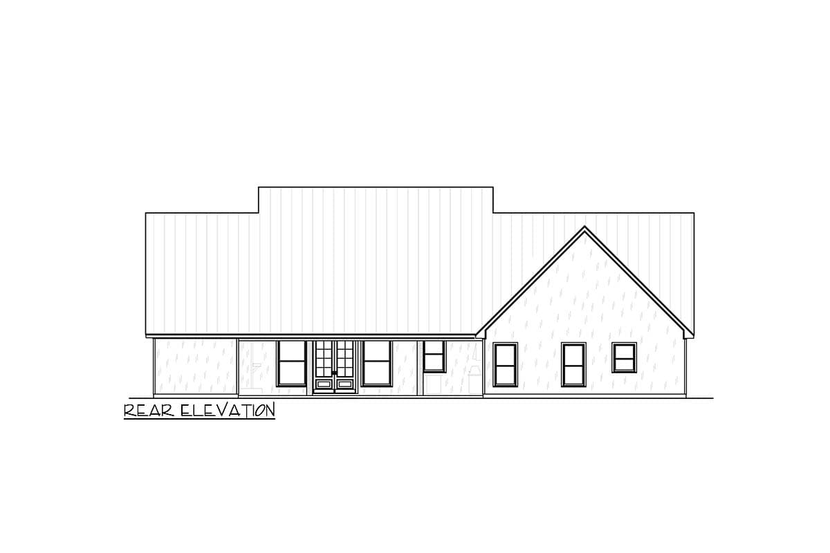 Rear elevation drawing of a house plan featuring a gabled roof section, a covered porch with multiple windows, and a central entry door.