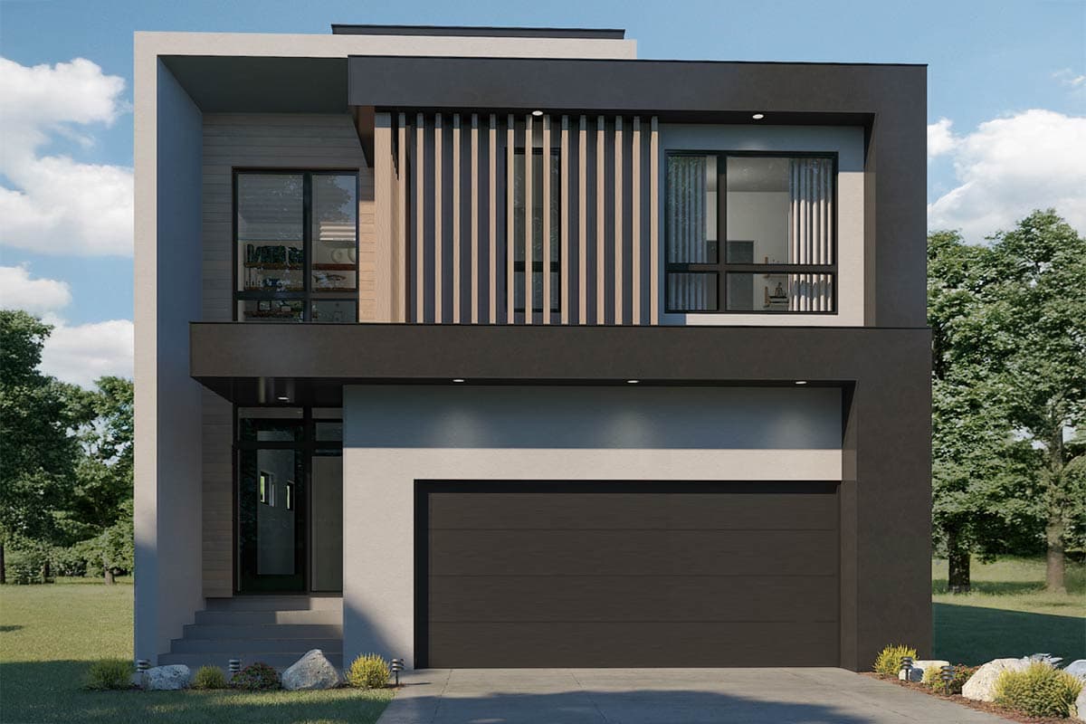 House plan exterior. Modern style, two-story home with a flat roof. Features include a slat screen detail, large windows, and an attached garage.