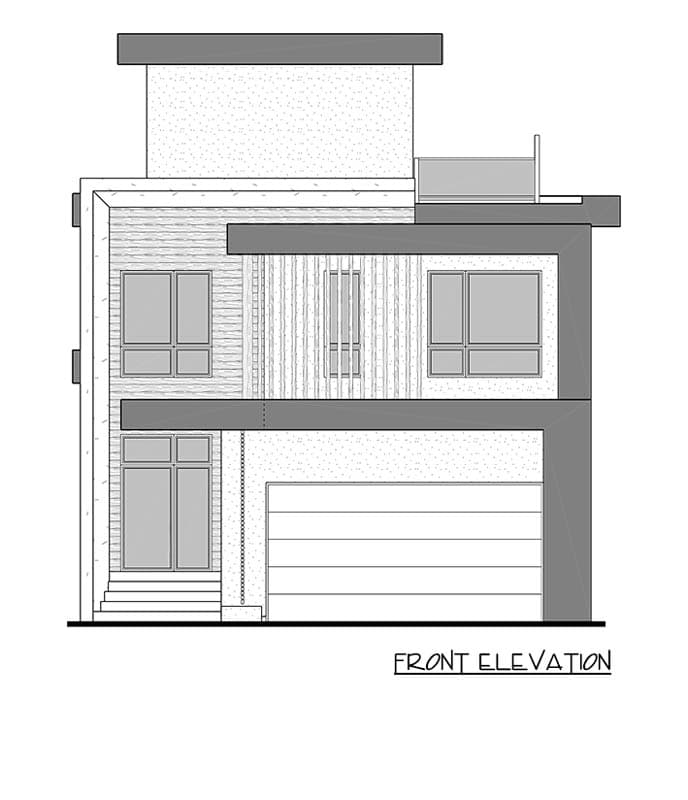 Front elevation drawing of a two-story modern house with horizontal siding, multiple windows, and an attached garage.