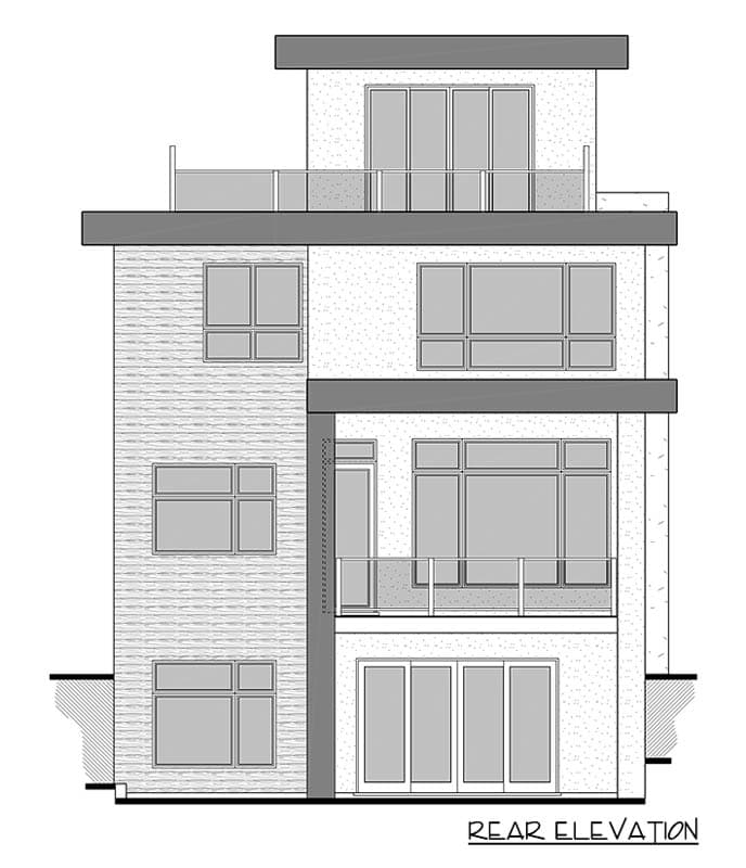 Rear elevation drawing of a three-story modern house plan featuring stacked windows, balconies, and varied facade textures.