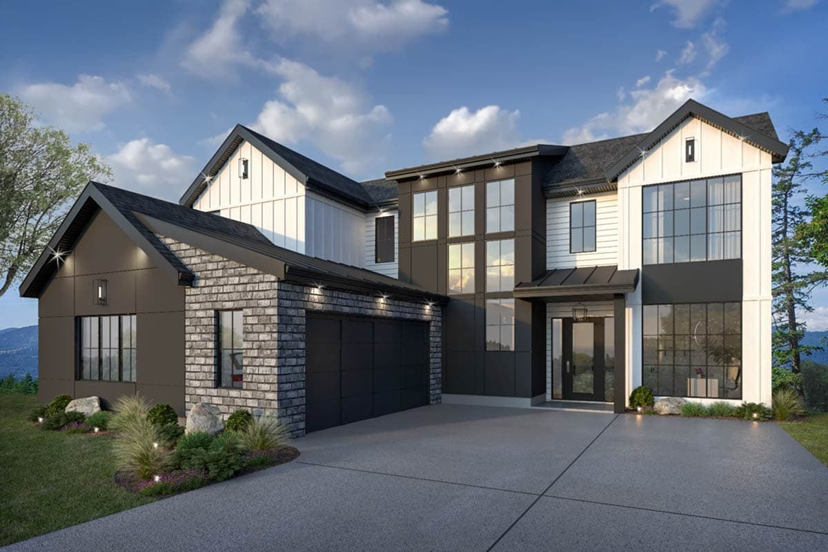 House plan exterior with Modern Farmhouse style. Features include multiple gables, a two-car garage, and a covered entry. Two-story structure.