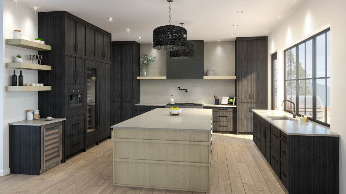 Kitchen with dark wood cabinetry, large island, and window overlooking outdoor area.