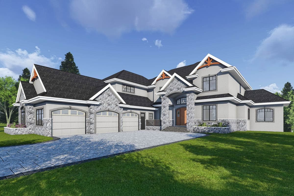 House plan exterior with stone accents, multiple gables, and a three-car garage. Two stories with a driveway leading to the entrance.