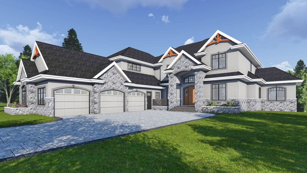 House plan exterior: Modern home with stone accents, triple garage, prominent gables, and arched entryway.