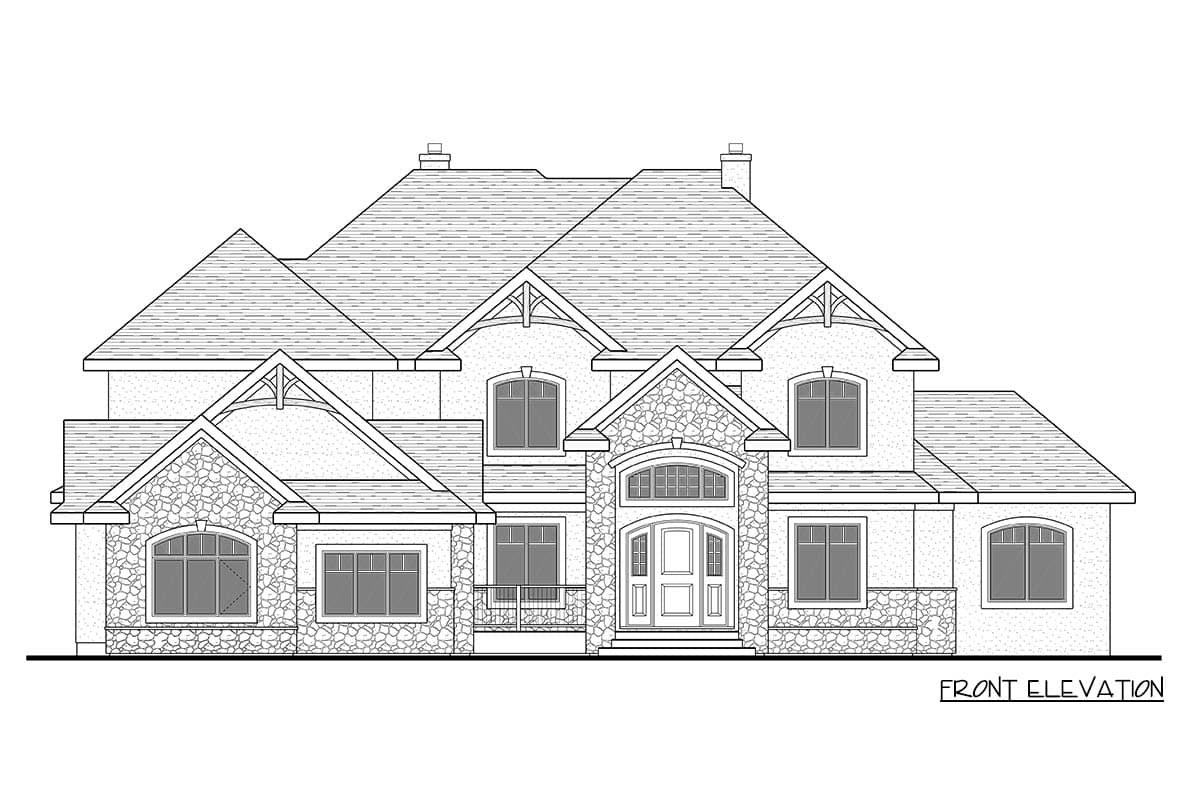 Front elevation house plan with stone accents, multiple gables, arched windows, and a covered entry.