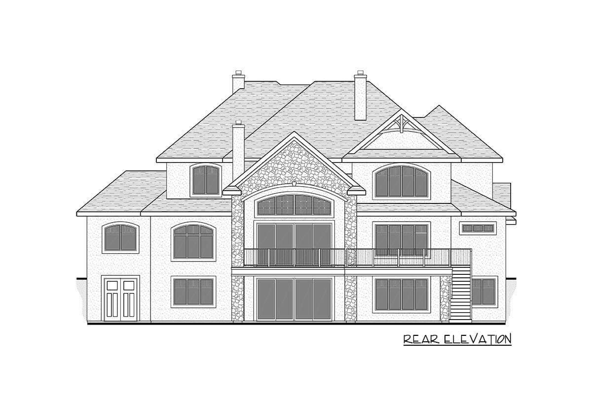 Rear elevation drawing of a multi-story house with stone accents, multiple gables, dormers, and a balcony.