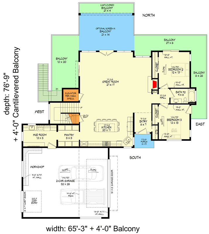 Plan 680549VR: Two-Story Contemporary Mountain House Plan with Wrap-Around Rear Porch - 2758 Sq Ft - Floor Plan - Main Level - Contemporary, Mountain