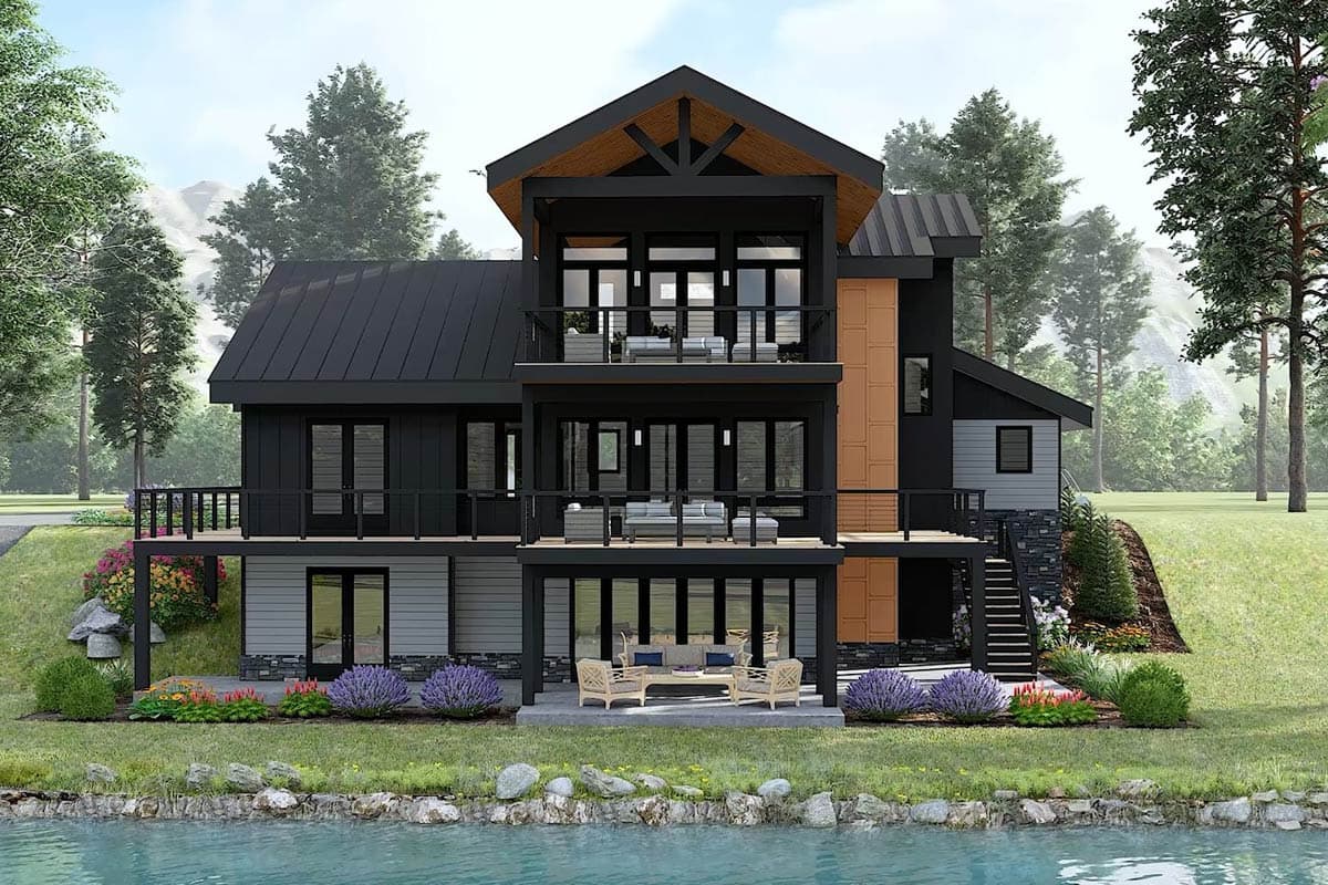 Modern house plan exterior: three stories, dark siding, metal roof, multiple balconies, and stone base.