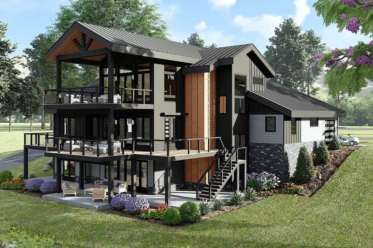 Modern house plan exterior: a three-story home with multiple decks, prominent gables, large windows, and stone and siding finishes.