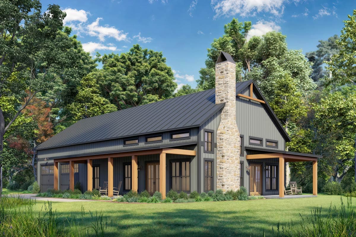 House plan exterior. Modern farmhouse style with a gable roof, stone chimney, and covered porch with exposed beams. One story.