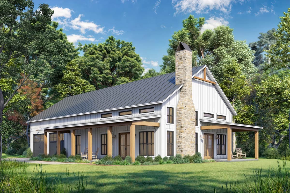 Modern Farmhouse house plan exterior with stone chimney, covered porch, gabled roof, and horizontal siding.