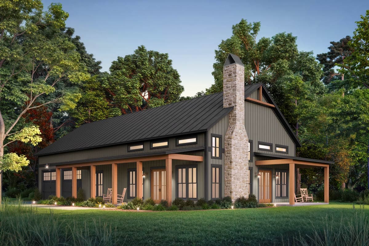 Modern Farmhouse house plan exterior with a gabled roof, stone chimney, and wraparound porch.