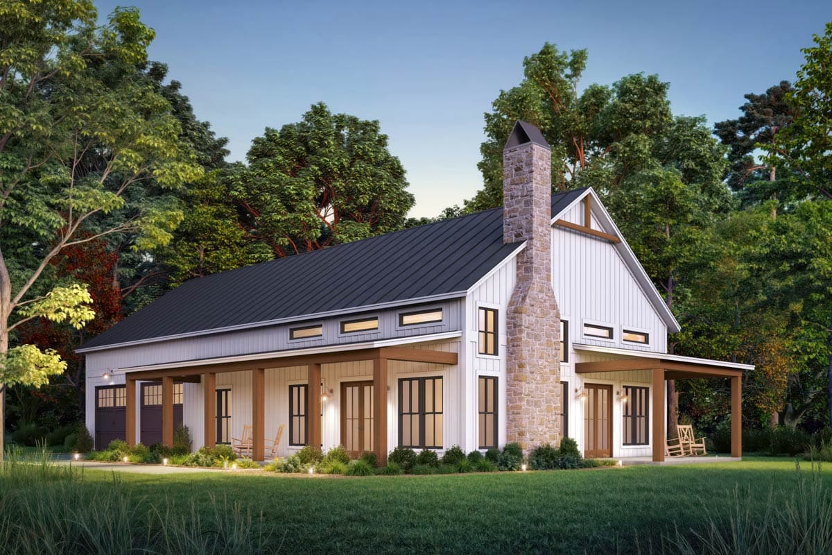 Modern Farmhouse house plan exterior with stone chimney, wraparound porch, gabled roof, and large windows.