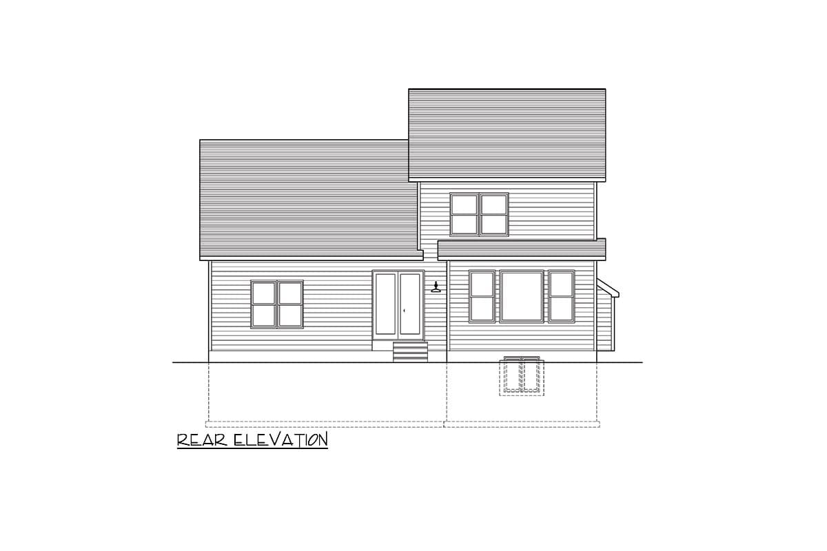 Rear elevation house plan drawing showing a two-story home with horizontal siding, multiple windows, and a door with steps.