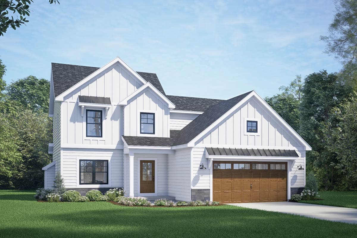 House plan exterior. Two-story Modern Farmhouse with gabled rooflines, dormers, and a two-car garage. Features include board and batten siding.
