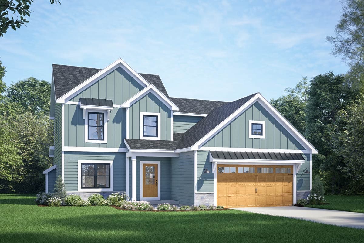 Modern Farmhouse house plan exterior, two stories, with gables, board and batten siding, and a two-car garage.