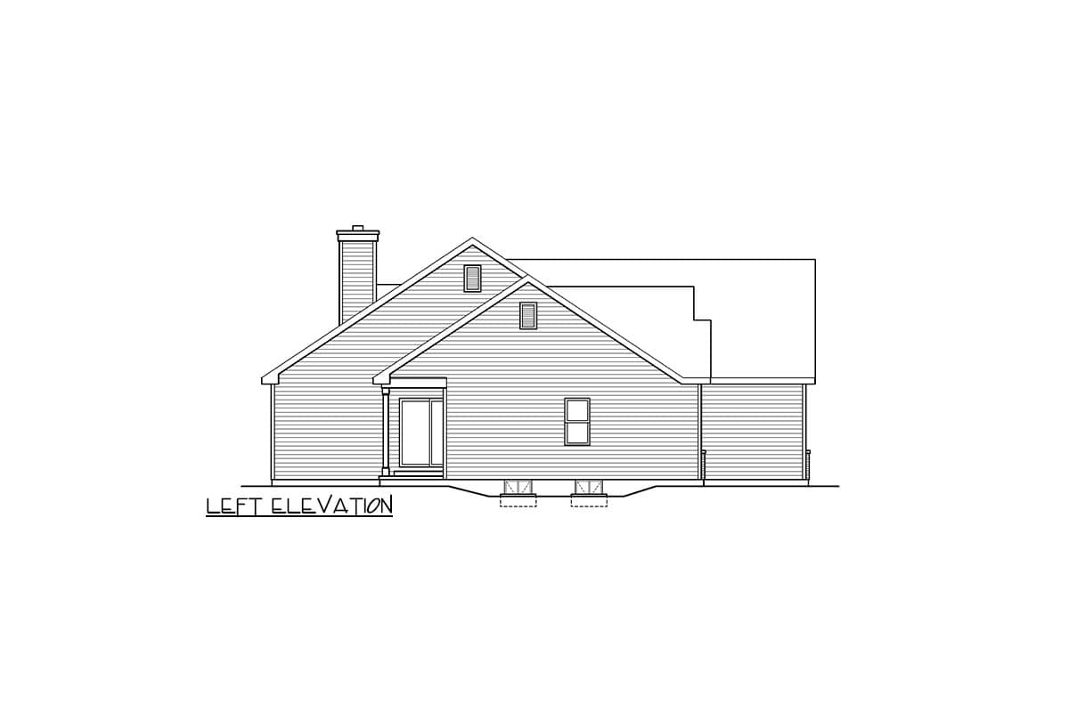 Left elevation house plan drawing showing a pitched roof, chimney, sliding door, and rectangular windows.