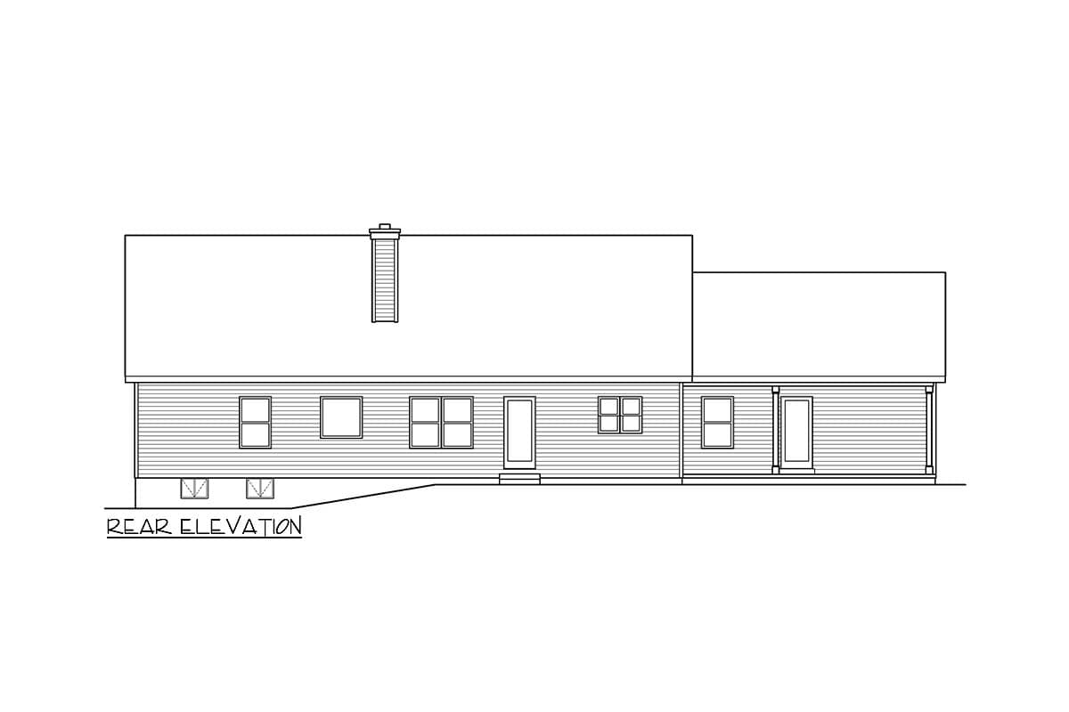 Rear elevation drawing showing a house with a chimney, multiple windows, and a covered porch.