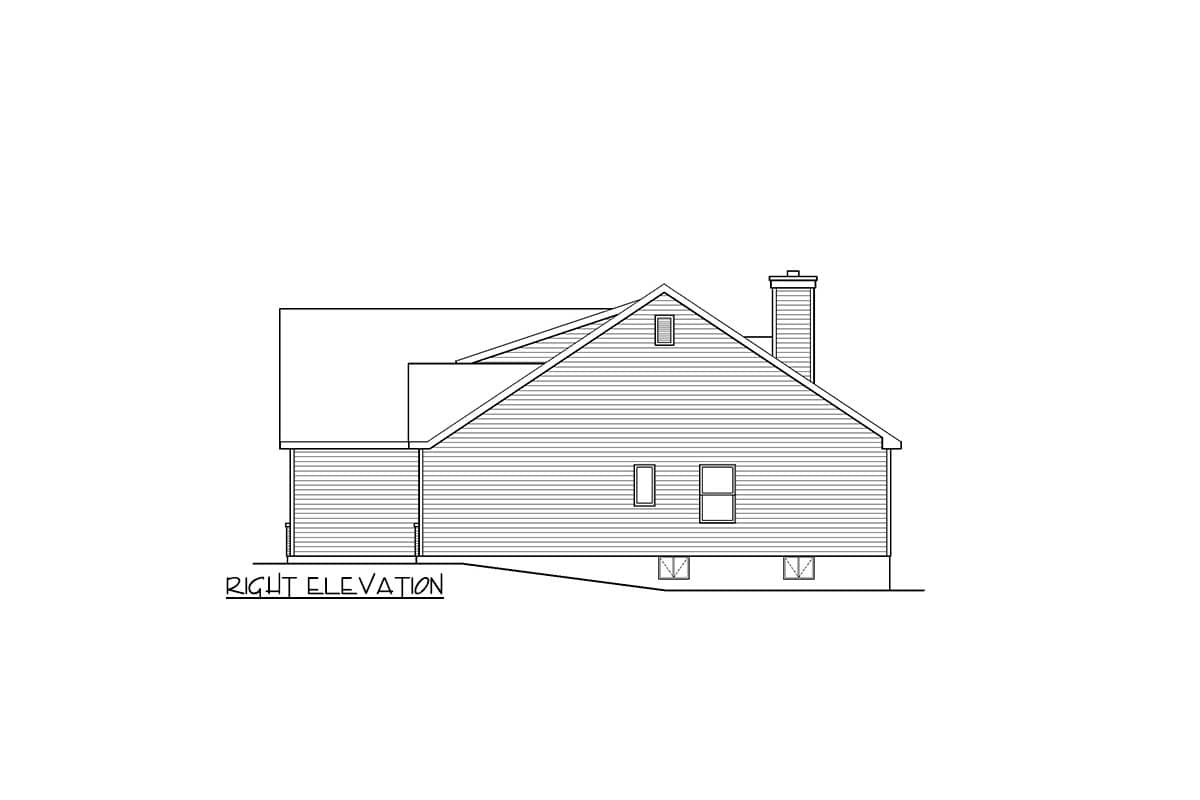 Right elevation drawing of a house plan featuring a gambrel roof, shed dormer, and brick chimney.