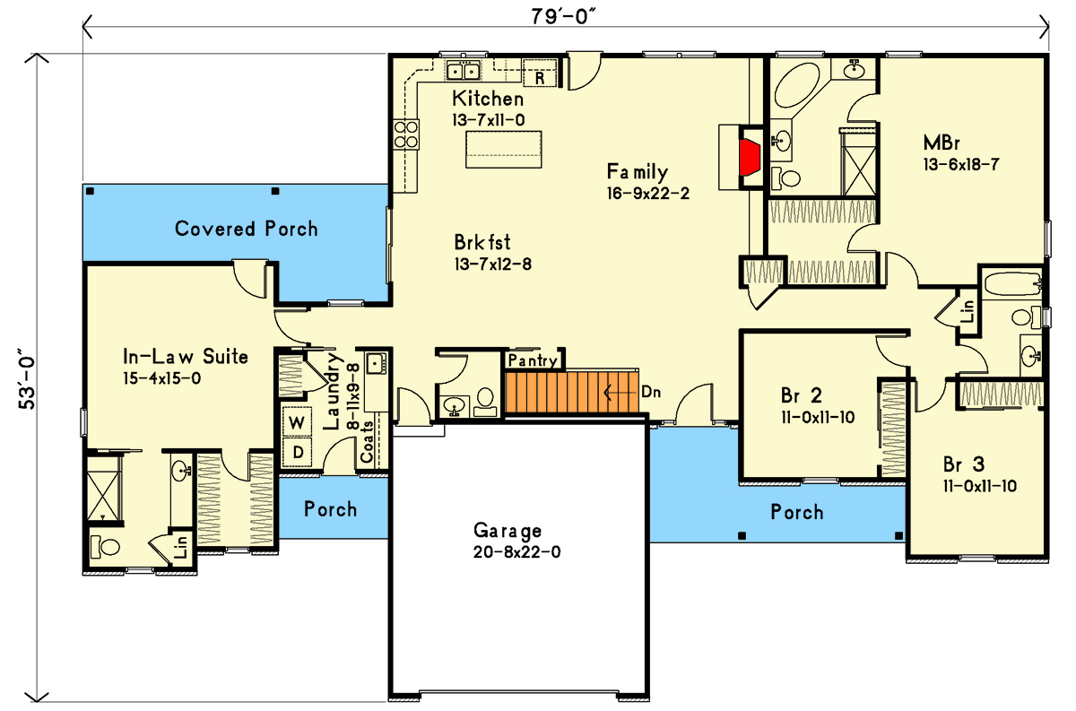 Plan 22001SL: Single-Story Farmhouse Plan with 1-Bed In-Law Suite - 2350 Sq Ft - Floor Plan - Main Level - Farmhouse, Ranch
