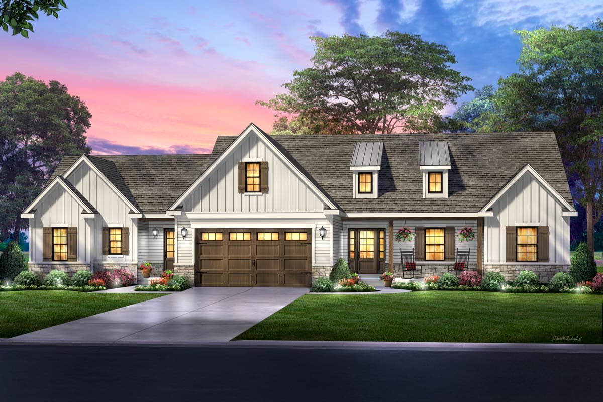 House plan exterior. One-story Modern Farmhouse with gables, a covered porch, and a side-entry garage. Dormers also present.