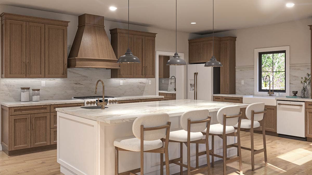 Kitchen interior rendering with wood cabinetry, a large island with seating, marble countertops, and pendant lighting.