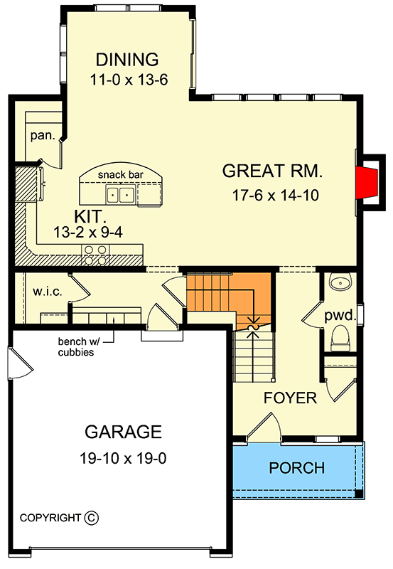 Plan 790166GLV: Two-Story Traditional house Plan with Clustered Bedroom Layout - 1970 Sq Ft - Floor Plan - Main Level - Traditional