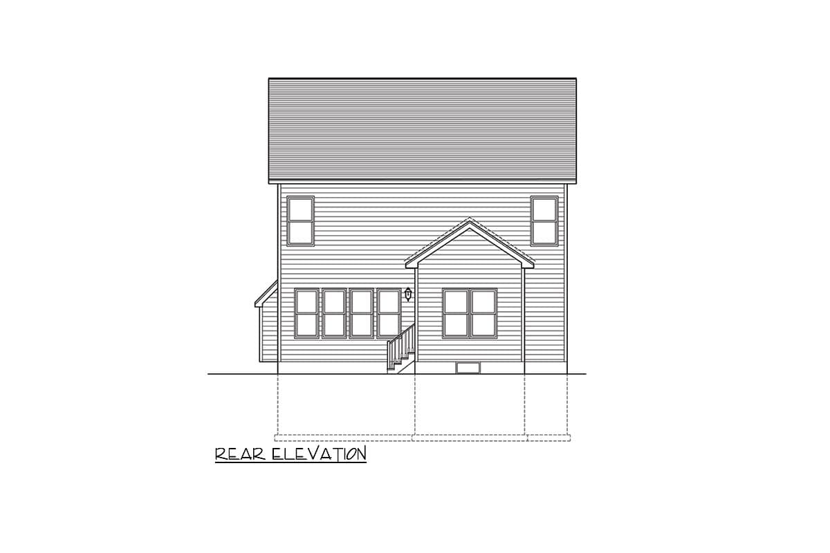 Rear elevation drawing of a two-story house with a gable roof, multiple windows, and a small porch with stairs.
