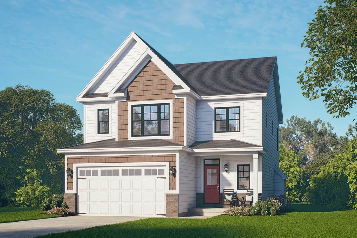 House plan exterior. Two-story home with Craftsman style elements. Features include gable roof, covered entry porch, and attached garage.