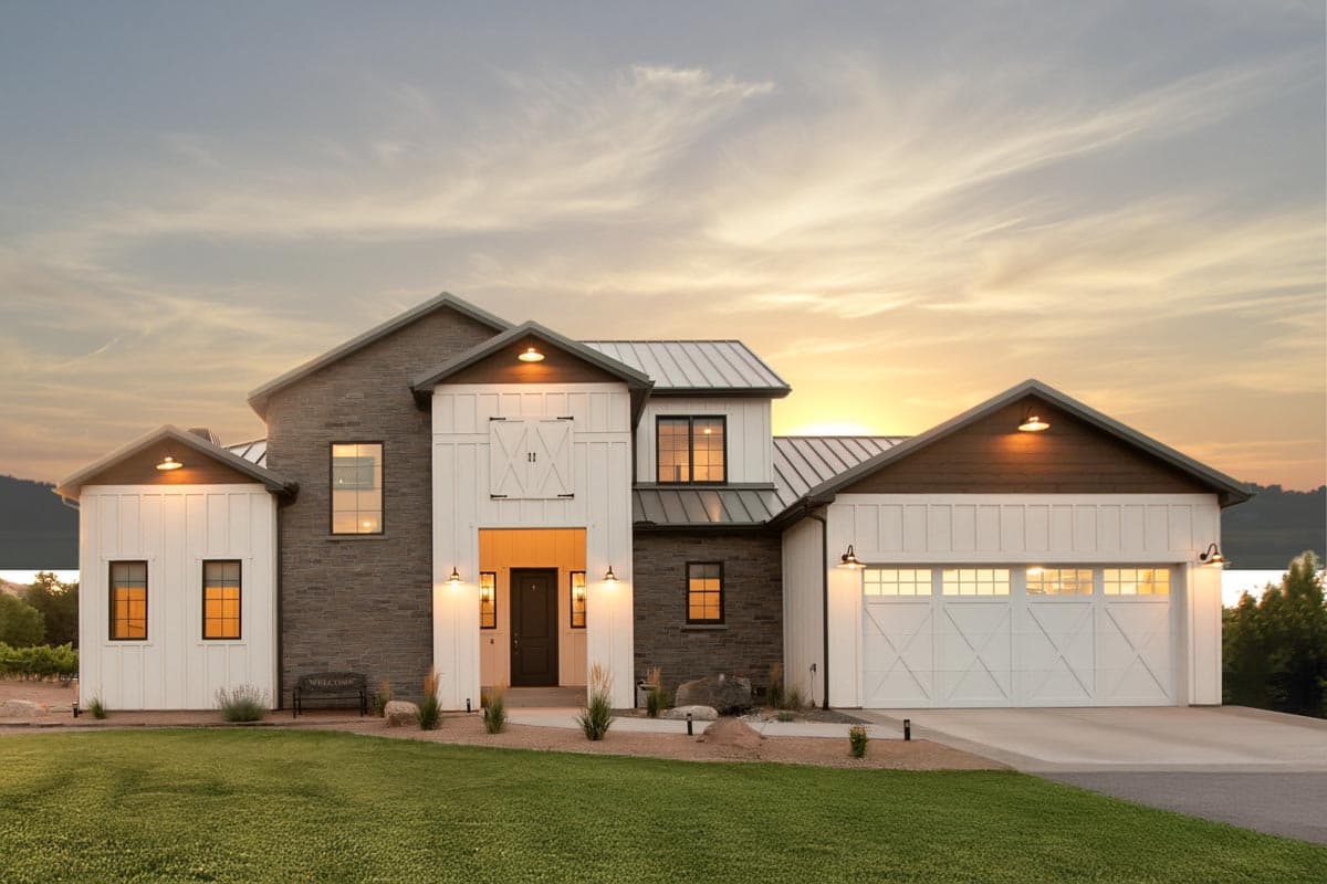 House plan exterior. Modern Farmhouse style with board-and-batten siding, metal roof, and garage with cross-buck design.