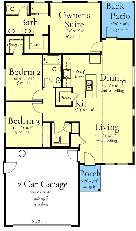 Plan 833032WAT: 3-Bed Modern House Plan with Vaulted Living Room - 1440 Sq Ft - Floor Plan - Main Level - Mid Century Modern, Modern, Ranch