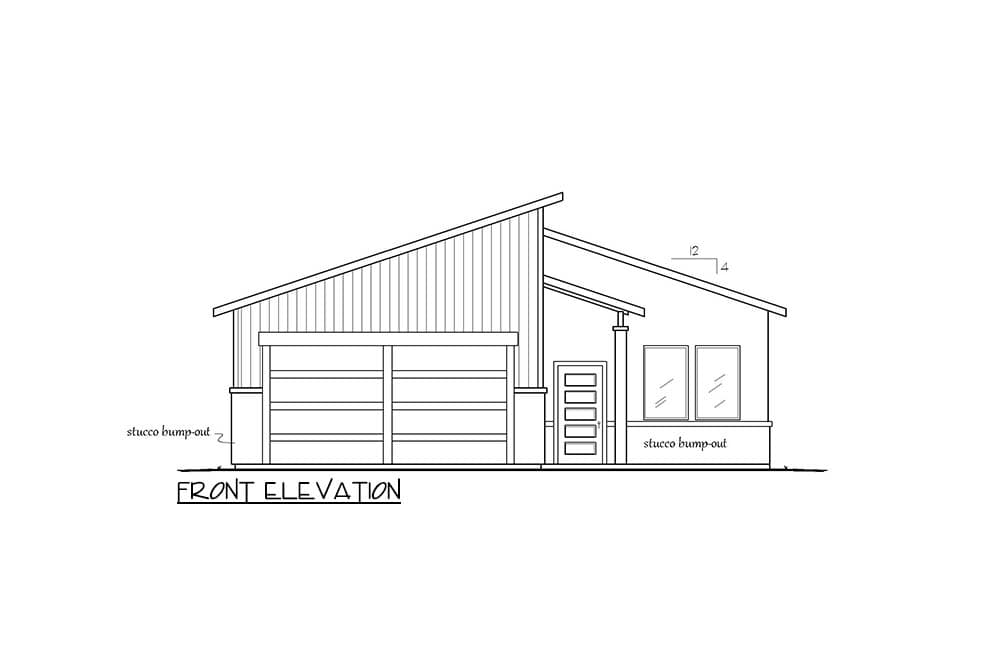 Front elevation drawing of a single-story house plan with a prominent gable roof, garage, door, and windows.