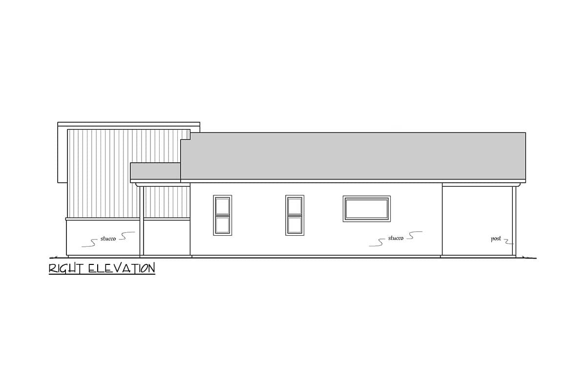Right elevation drawing of a single-story house plan with stucco exterior, covered porch, and multiple windows.