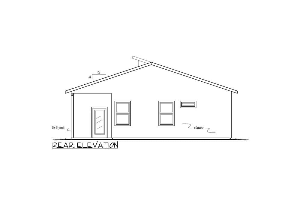 Rear elevation drawing of a house plan with stucco exterior, a door, two square windows, and one narrow rectangular window.